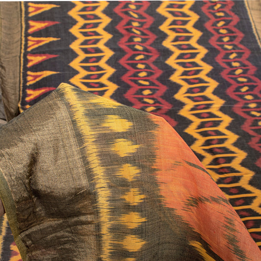 Sanskriti Vintage Black Cotton Silk Saree Ikat Hand Woven Sambhalpuri 5.5Yd Sari