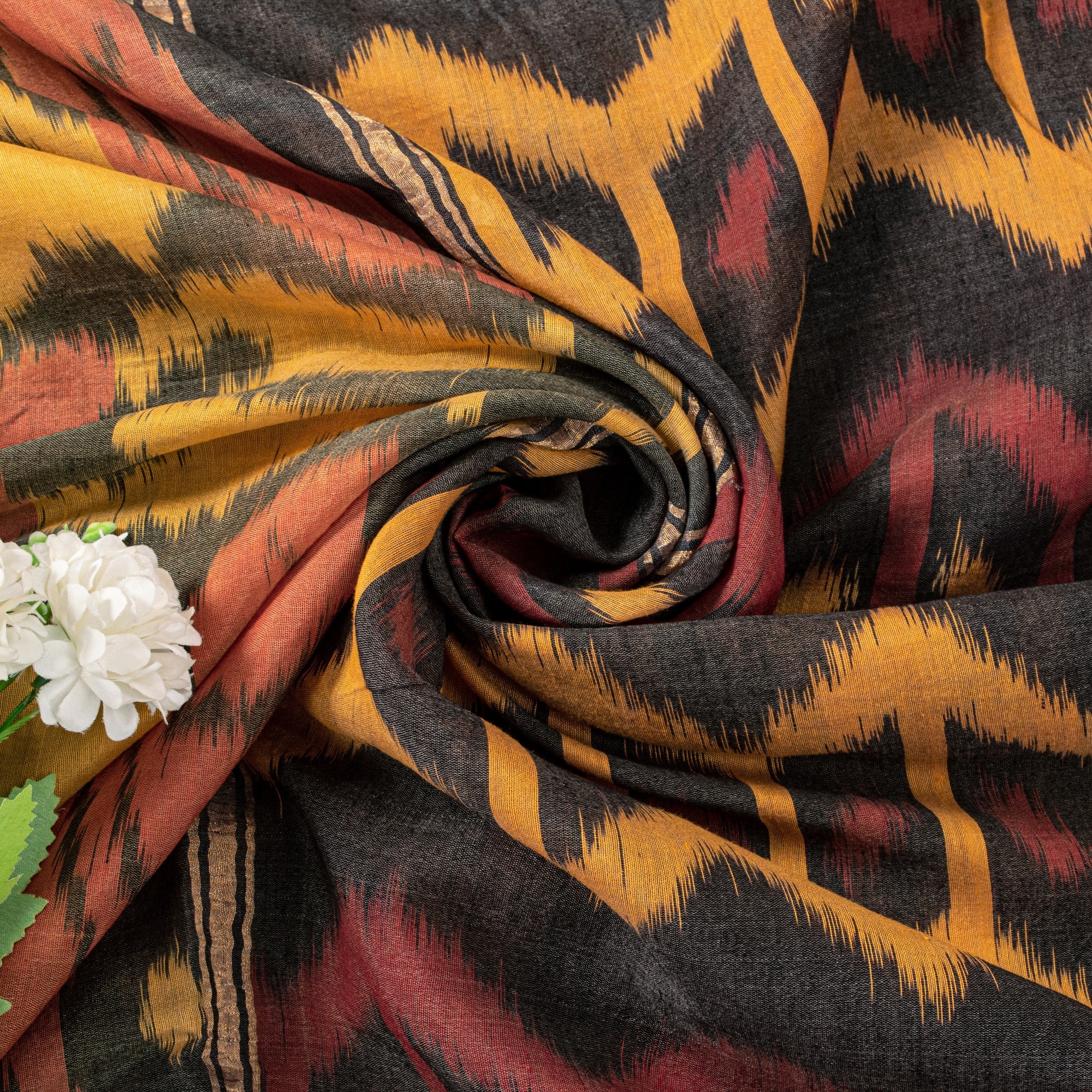 Sanskriti Vintage Black Cotton Silk Saree Ikat Hand Woven Sambhalpuri 5.5Yd Sari