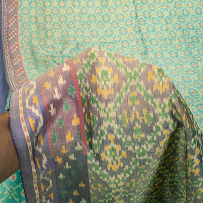 Sanskriti Vintage Soft Green Pure Silk Saree Ikat Hand Woven Patan Patola 5.5Yd