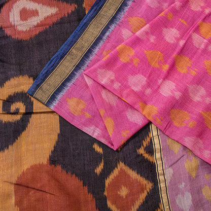 Sanskriti Vintage Pink Cotton Silk Saree Ikat Hand Woven Sambhalpuri 5.5Yd Sari