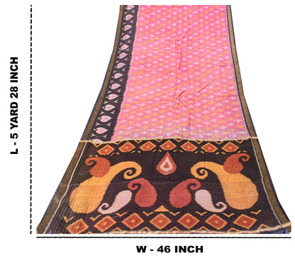 Sanskriti Vintage Pink Cotton Silk Saree Ikat Hand Woven Sambhalpuri 5.5Yd Sari