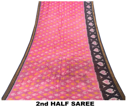 Sanskriti Vintage Pink Cotton Silk Saree Ikat Hand Woven Sambhalpuri 5.5Yd Sari