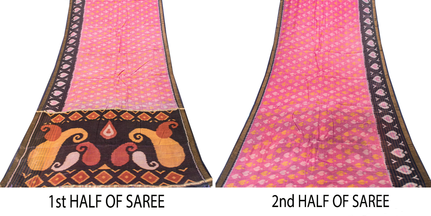 Sanskriti Vintage Pink Cotton Silk Saree Ikat Hand Woven Sambhalpuri 5.5Yd Sari