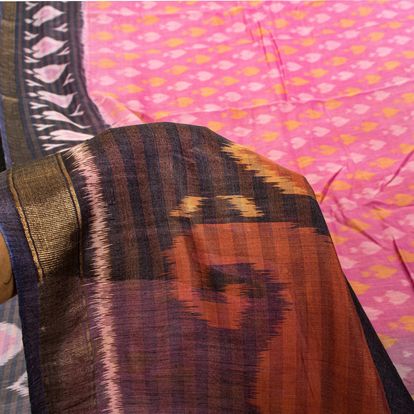 Sanskriti Vintage Pink Cotton Silk Saree Ikat Hand Woven Sambhalpuri 5.5Yd Sari