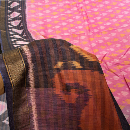 Sanskriti Vintage Pink Cotton Silk Saree Ikat Hand Woven Sambhalpuri 5.5Yd Sari