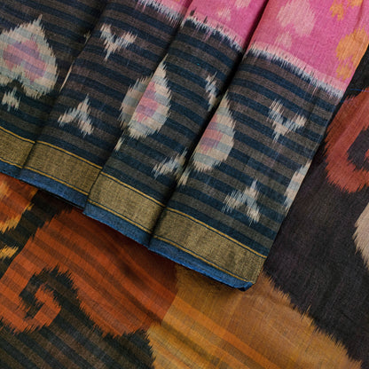 Sanskriti Vintage Pink Cotton Silk Saree Ikat Hand Woven Sambhalpuri 5.5Yd Sari