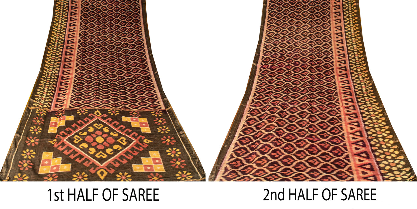 Sanskriti Vintage Brown Soft Cotton Silk Saree Ikat Hand Woven Sambhalpuri 5.5Yd