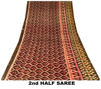 Sanskriti Vintage Brown Soft Cotton Silk Saree Ikat Hand Woven Sambhalpuri 5.5Yd