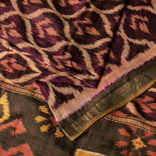 Sanskriti Vintage Brown Soft Cotton Silk Saree Ikat Hand Woven Sambhalpuri 5.5Yd
