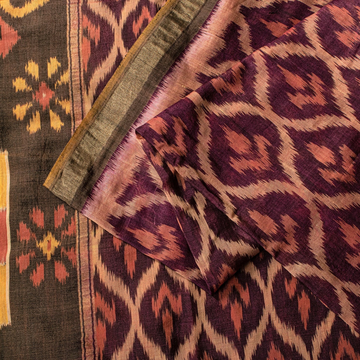 Sanskriti Vintage Brown Soft Cotton Silk Saree Ikat Hand Woven Sambhalpuri 5.5Yd