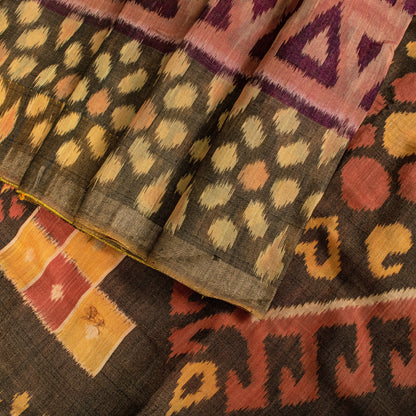 Sanskriti Vintage Brown Soft Cotton Silk Saree Ikat Hand Woven Sambhalpuri 5.5Yd