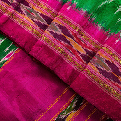 Sanskriti Vintage Pink Soft Pure Silk Saree Ikat Hand Woven Pochampally 5+Yd
