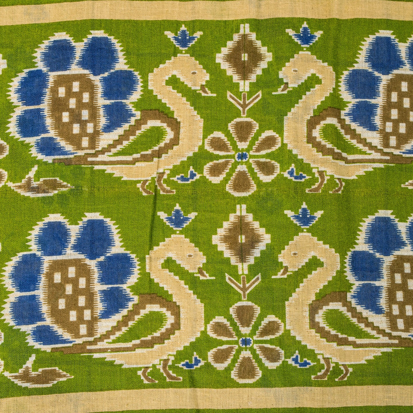Sanskriti Vintage Soft Yellow Pure Cotton Saree Peacock Ikat Printed 5+Yd Sari