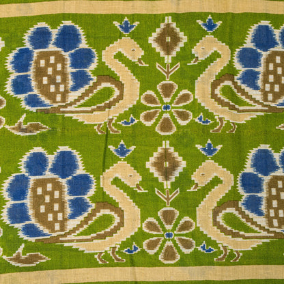 Sanskriti Vintage Soft Yellow Pure Cotton Saree Peacock Ikat Printed 5+Yd Sari