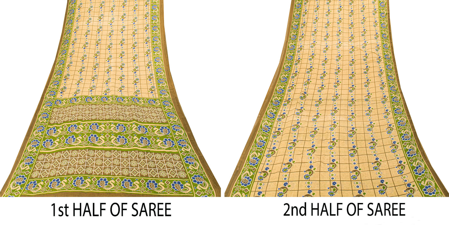 Sanskriti Vintage Soft Yellow Pure Cotton Saree Peacock Ikat Printed 5+Yd Sari