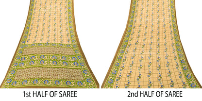Sanskriti Vintage Soft Yellow Pure Cotton Saree Peacock Ikat Printed 5+Yd Sari