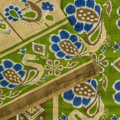 Sanskriti Vintage Soft Yellow Pure Cotton Saree Peacock Ikat Printed 5+Yd Sari