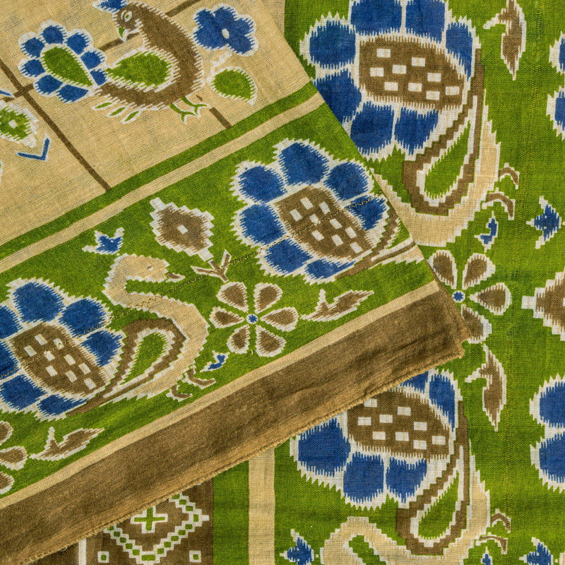 Sanskriti Vintage Soft Yellow Pure Cotton Saree Peacock Ikat Printed 5+Yd Sari