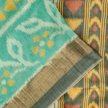 Sanskriti Vintage Soft Green Cotton Silk Saree Patola Ikat Hand Woven 5.5Yd Sari