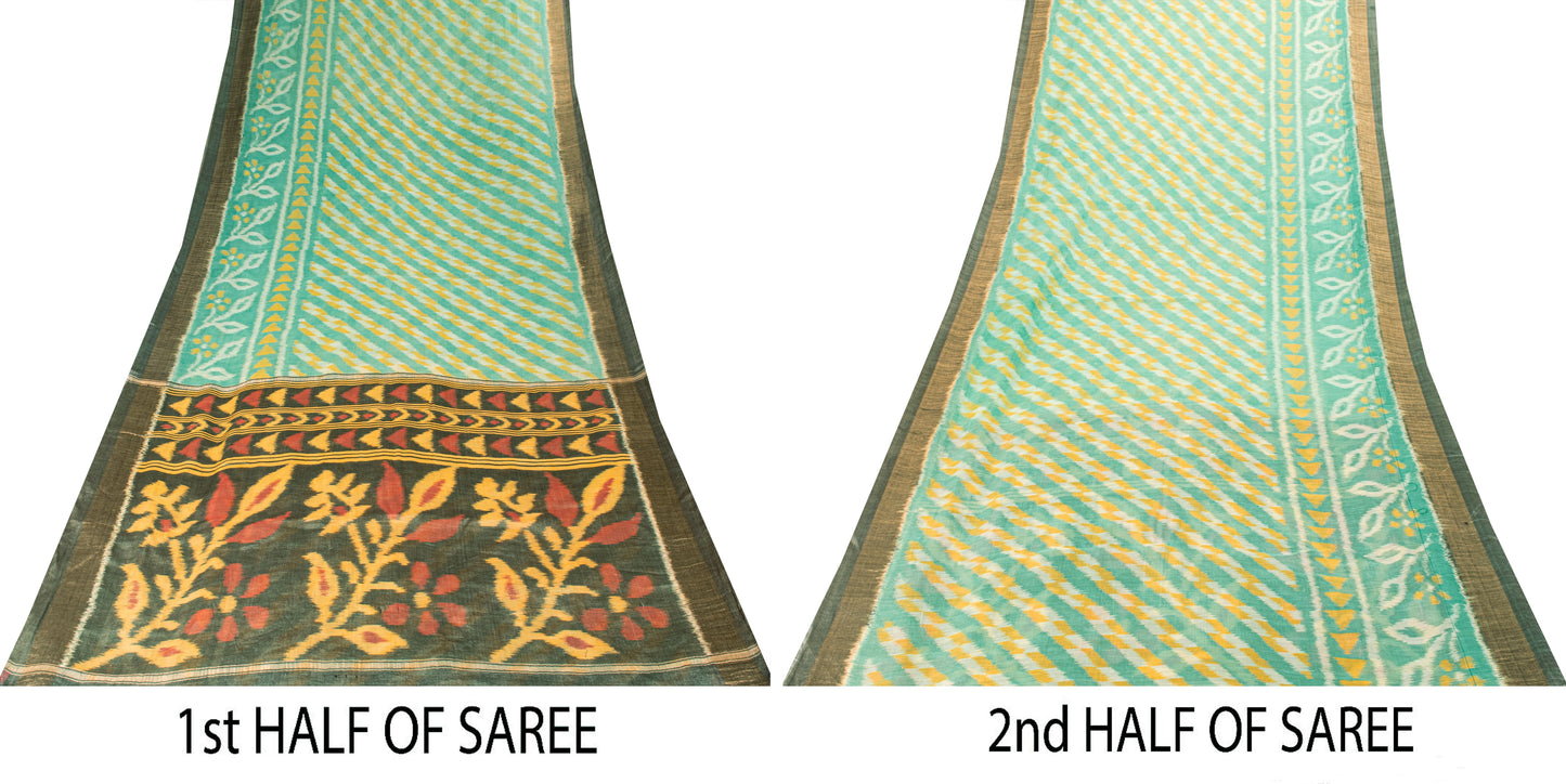 Sanskriti Vintage Soft Green Cotton Silk Saree Patola Ikat Hand Woven 5.5Yd Sari