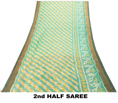 Sanskriti Vintage Soft Green Cotton Silk Saree Patola Ikat Hand Woven 5.5Yd Sari