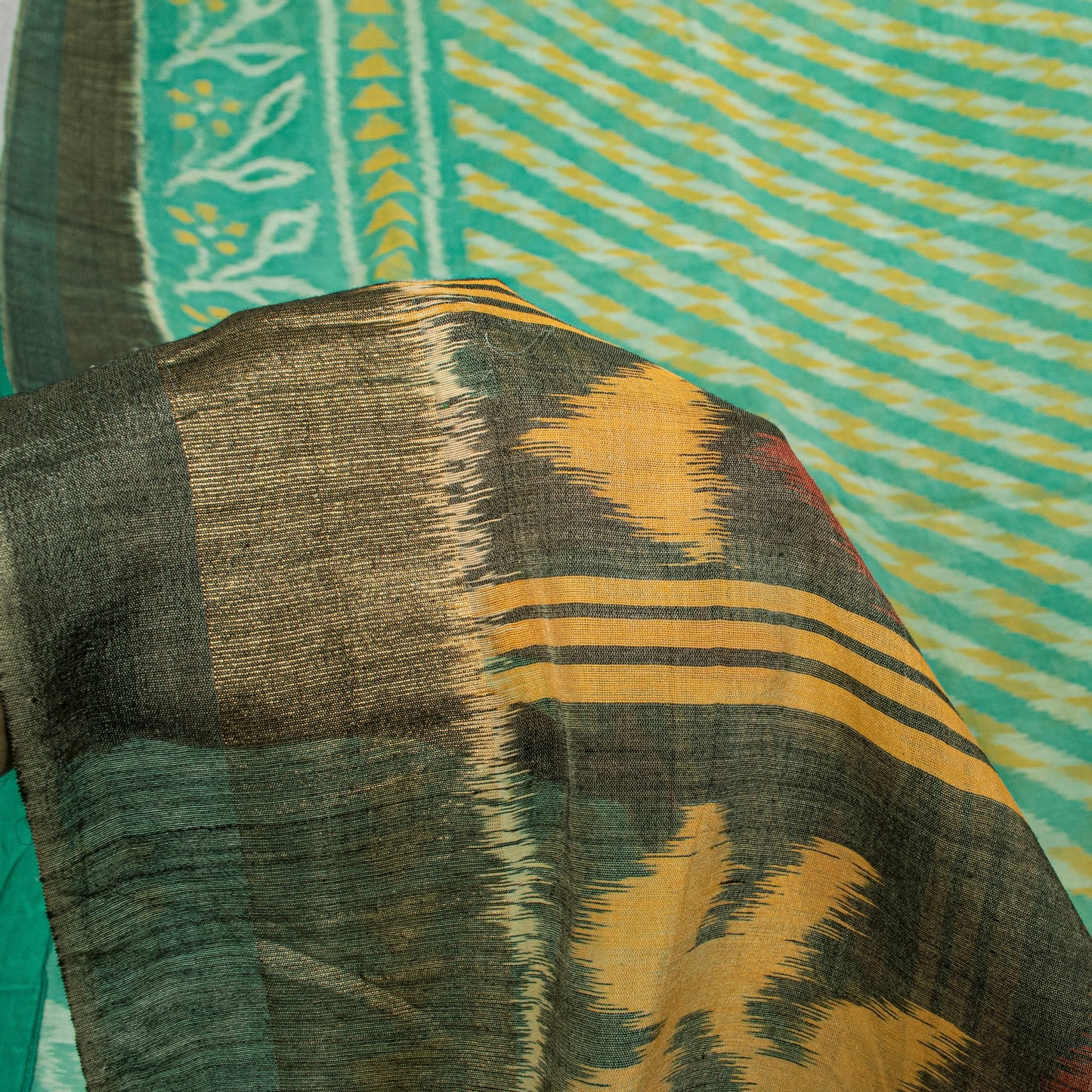 Sanskriti Vintage Soft Green Cotton Silk Saree Patola Ikat Hand Woven 5.5Yd Sari