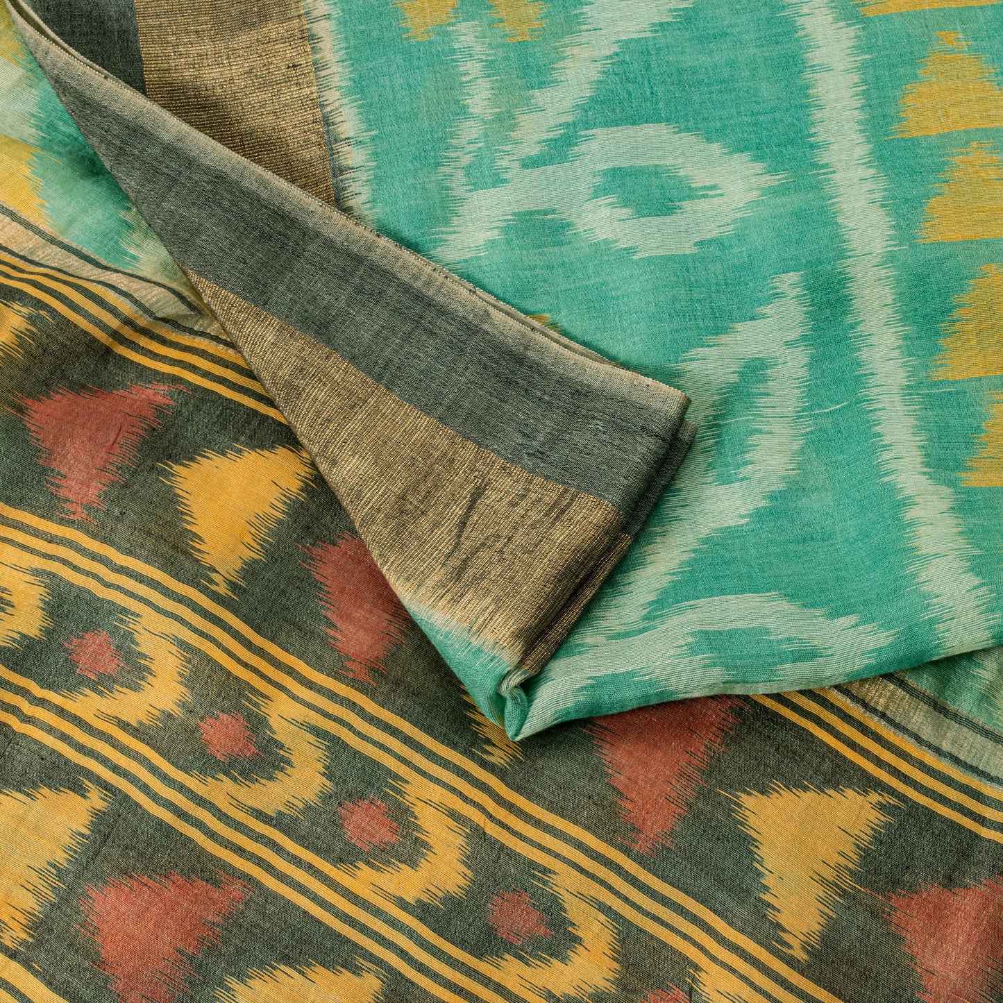 Sanskriti Vintage Soft Green Cotton Silk Saree Patola Ikat Hand Woven 5.5Yd Sari