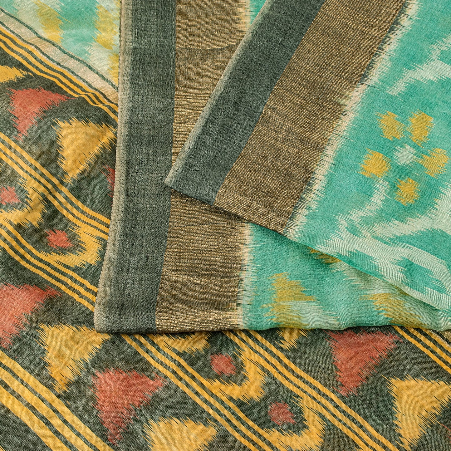 Sanskriti Vintage Soft Green Cotton Silk Saree Patola Ikat Hand Woven 5.5Yd Sari