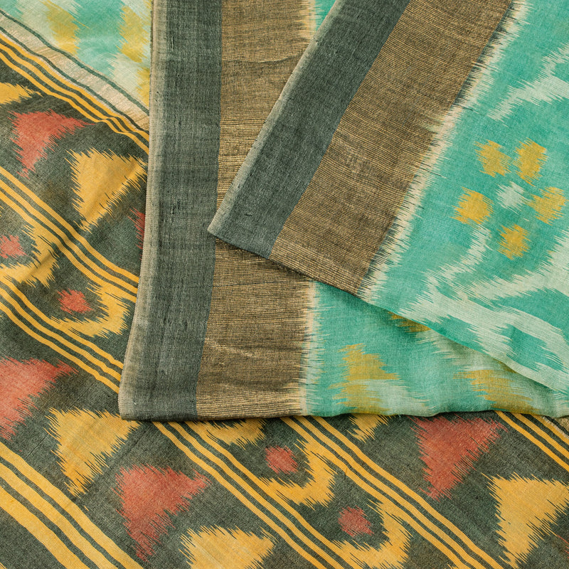Sanskriti Vintage Soft Green Cotton Silk Saree Patola Ikat Hand Woven 5.5Yd Sari