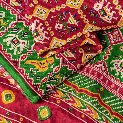 Sanskriti Vintage Red Pure Silk Saree Double Ikat Hand Woven Patan Patoal 6+Yd