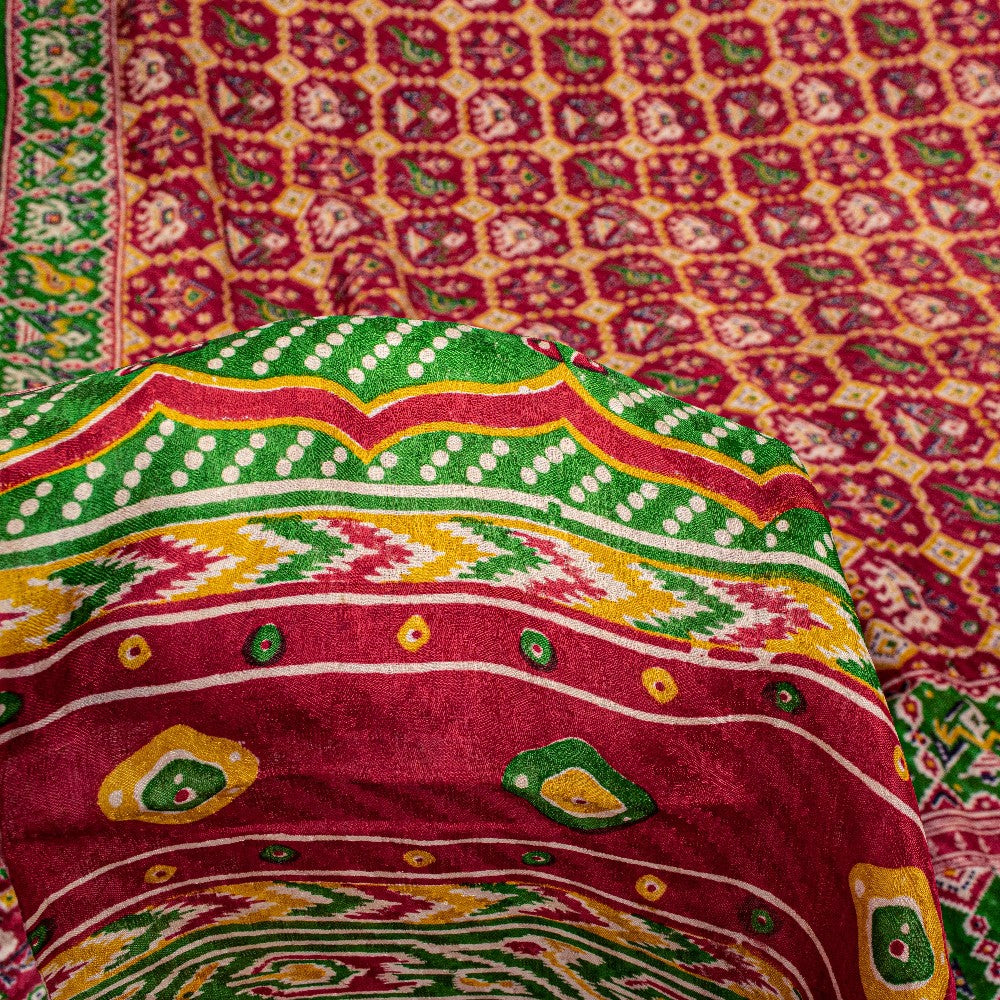 Sanskriti Vintage Red Pure Silk Saree Double Ikat Hand Woven Patan Patoal 6+Yd