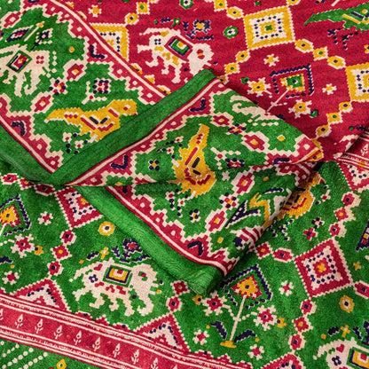 Sanskriti Vintage Red Pure Silk Saree Double Ikat Hand Woven Patan Patoal 6+Yd