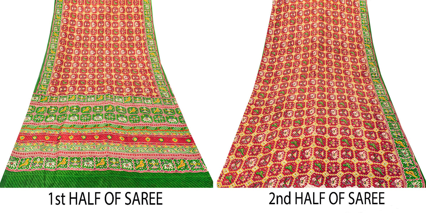 Sanskriti Vintage Red Pure Silk Saree Double Ikat Hand Woven Patan Patoal 6+Yd
