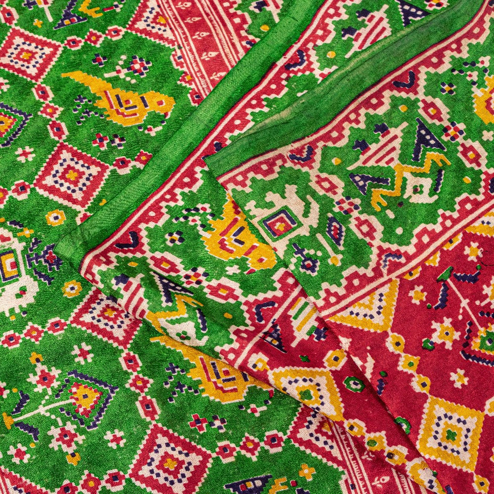 Sanskriti Vintage Red Pure Silk Saree Double Ikat Hand Woven Patan Patoal 6+Yd