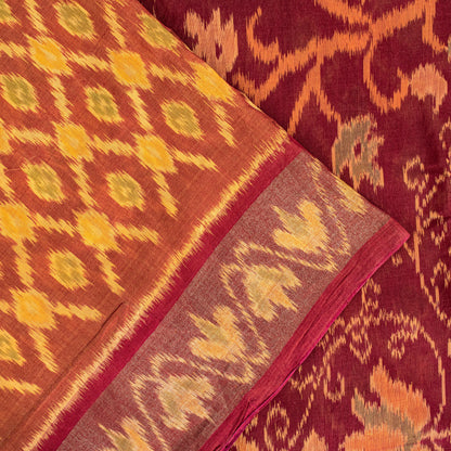 Sanskriti Vintage Soft Red Cotton Silk Saree Patan Patola Ikat Printed 5+Yd Sari