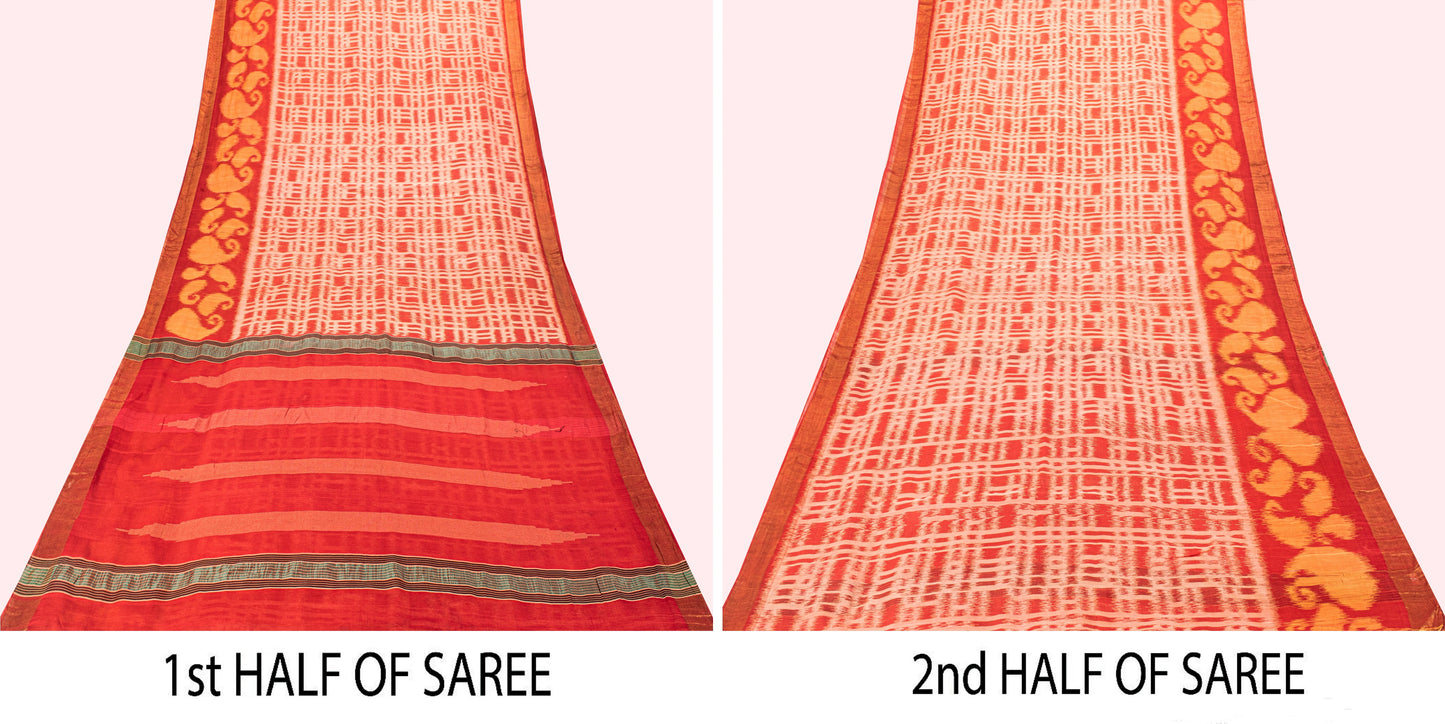 Sanskriti Vintage Orange Cotton Silk Saree Ikat Handwoven Sonepur Odisha 5.5Yd