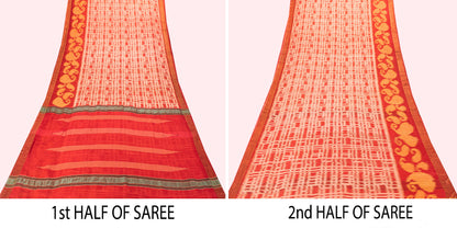 Sanskriti Vintage Orange Cotton Silk Saree Ikat Handwoven Sonepur Odisha 5.5Yd