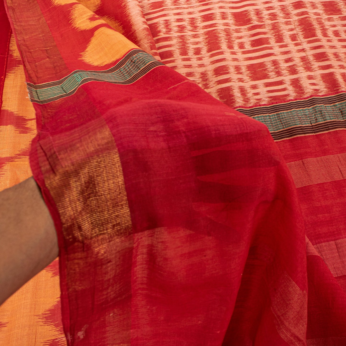 Sanskriti Vintage Orange Cotton Silk Saree Ikat Handwoven Sonepur Odisha 5.5Yd