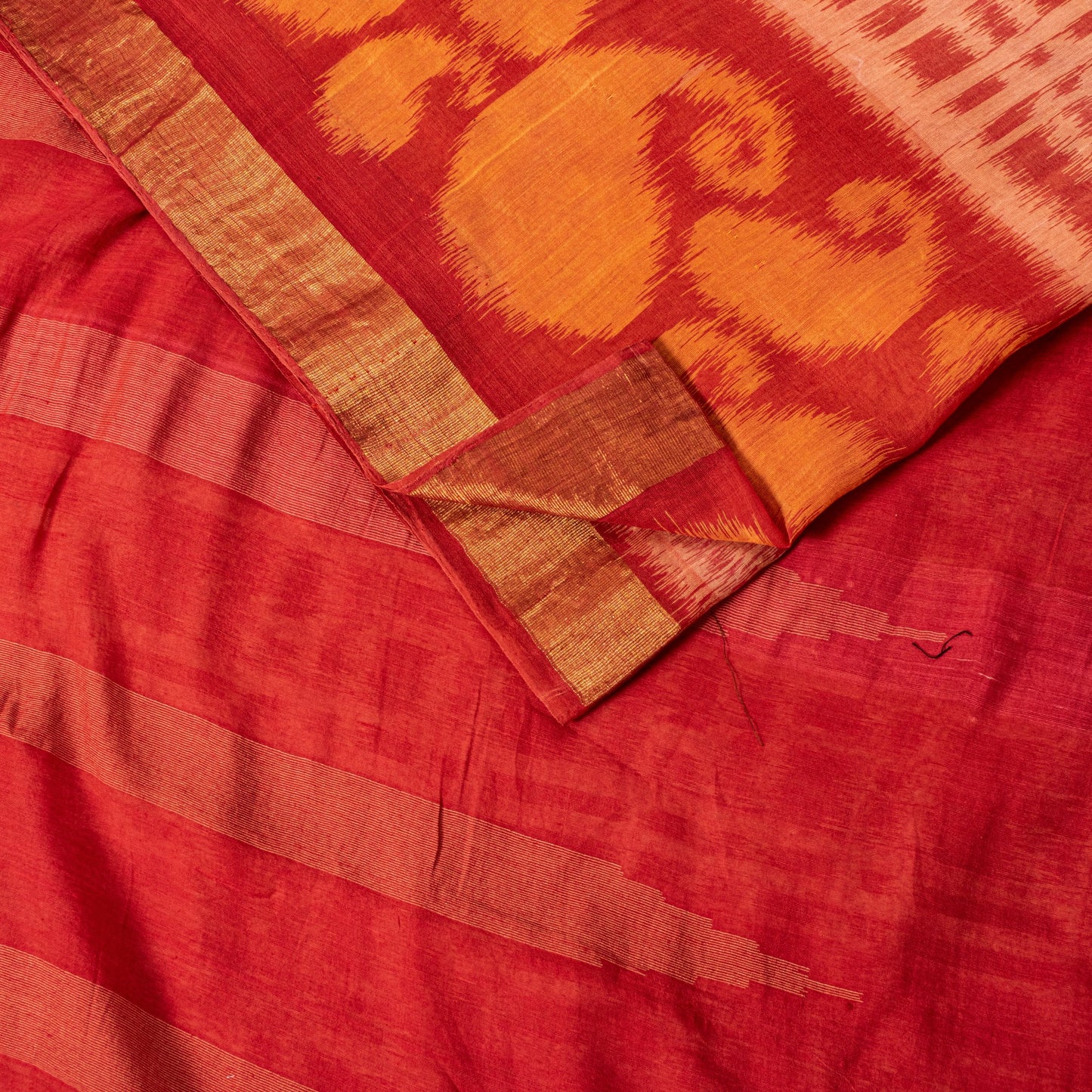 Sanskriti Vintage Orange Cotton Silk Saree Ikat Handwoven Sonepur Odisha 5.5Yd