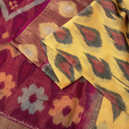Sanskriti Vintage Yellow Pure Silk Saree Ikat Hand Woven Sambhalpuri 5.5+Yd Sari