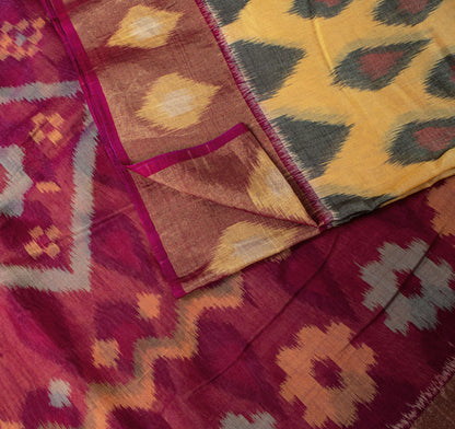 Sanskriti Vintage Yellow Pure Silk Saree Ikat Hand Woven Sambhalpuri 5.5+Yd Sari