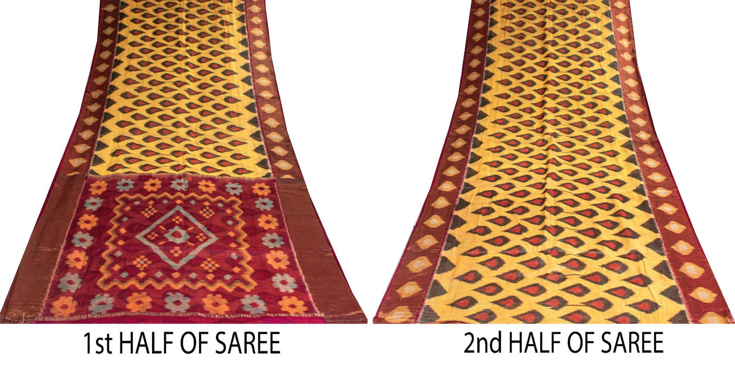 Sanskriti Vintage Yellow Pure Silk Saree Ikat Hand Woven Sambhalpuri 5.5+Yd Sari