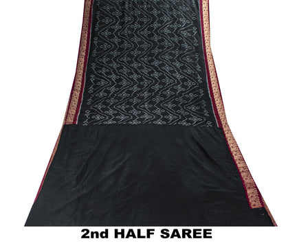 Sanskriti Vintage Black Soft Pure Cotton Saree Ikat Handwoven Sambhalpuri 6.5+Yd