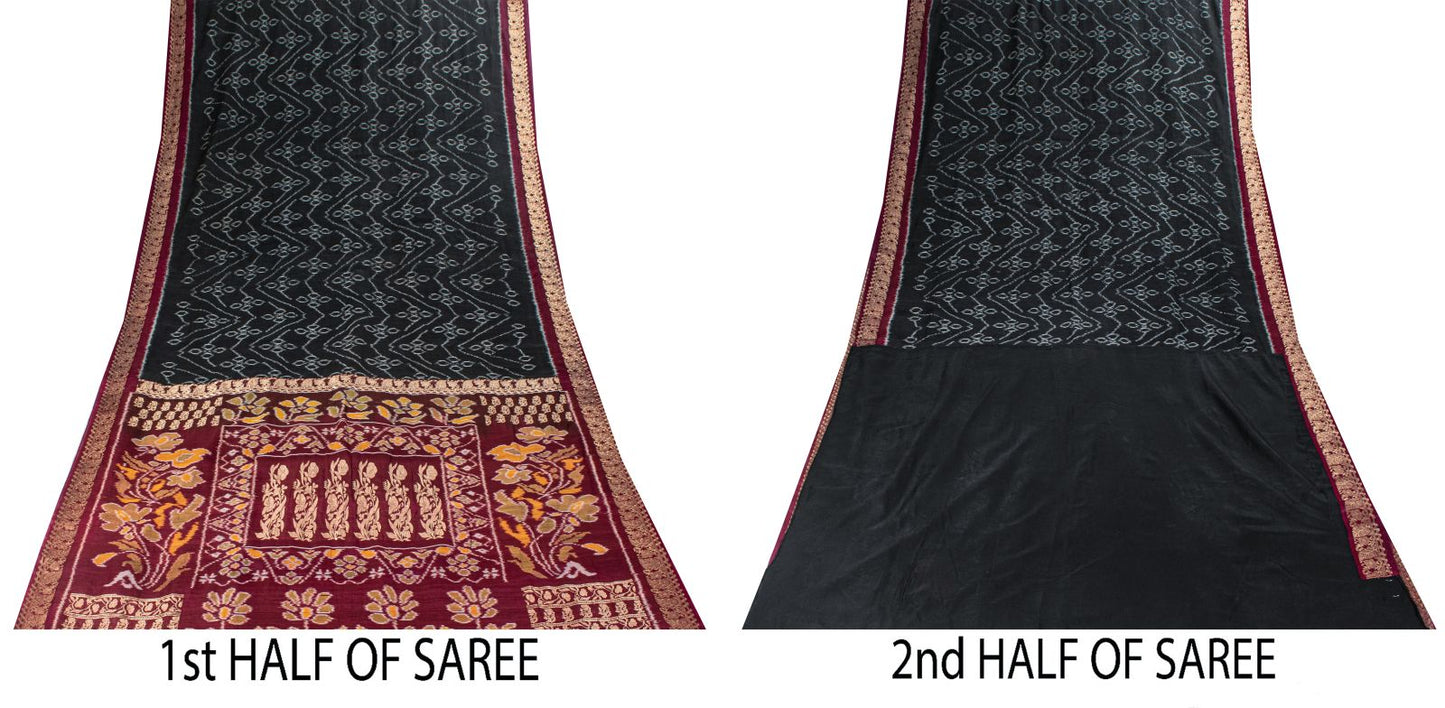 Sanskriti Vintage Black Soft Pure Cotton Saree Ikat Handwoven Sambhalpuri 6.5+Yd