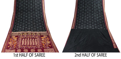 Sanskriti Vintage Black Soft Pure Cotton Saree Ikat Handwoven Sambhalpuri 6.5+Yd