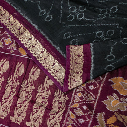 Sanskriti Vintage Black Soft Pure Cotton Saree Ikat Handwoven Sambhalpuri 6.5+Yd