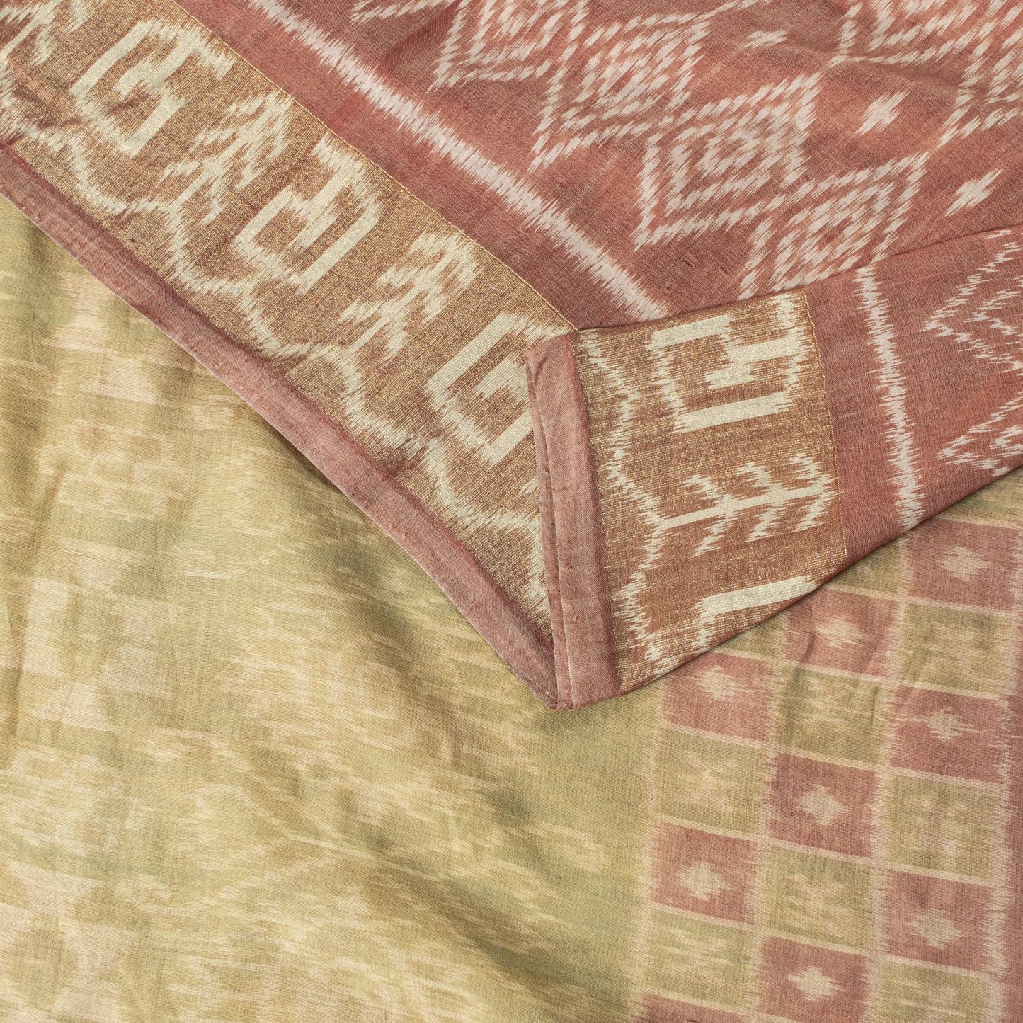 Sanskriti Vintage Peach Pure Silk Saree Ikat Hand Woven Pochampally 5+Yd Sari