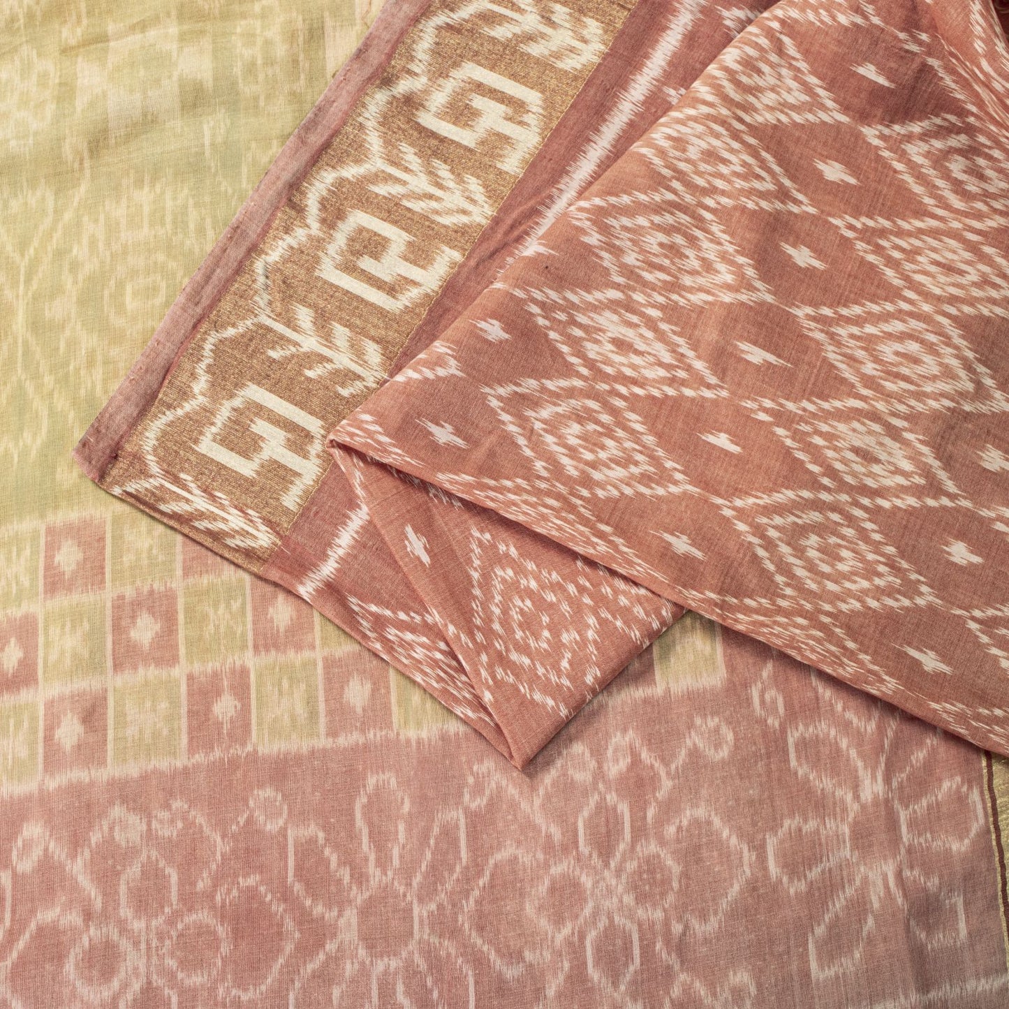 Sanskriti Vintage Peach Pure Silk Saree Ikat Hand Woven Pochampally 5+Yd Sari