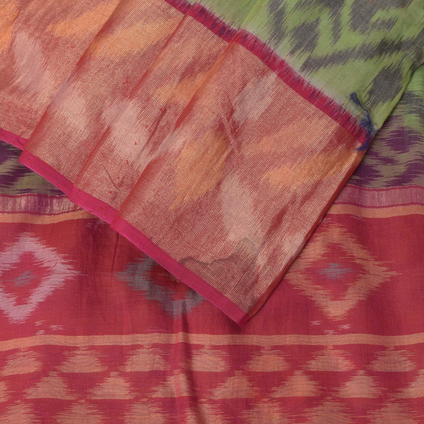 Sanskriti Vintage Green Cotton Silk Saree Ikat Hand Woven Sambhalpuri 5.5Yd Sari
