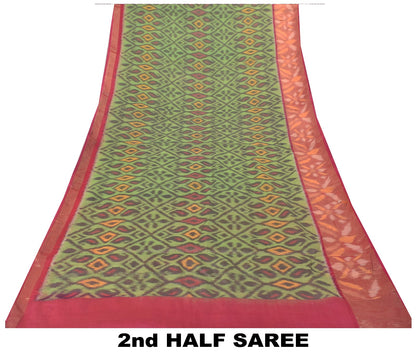 Sanskriti Vintage Green Cotton Silk Saree Ikat Hand Woven Sambhalpuri 5.5Yd Sari